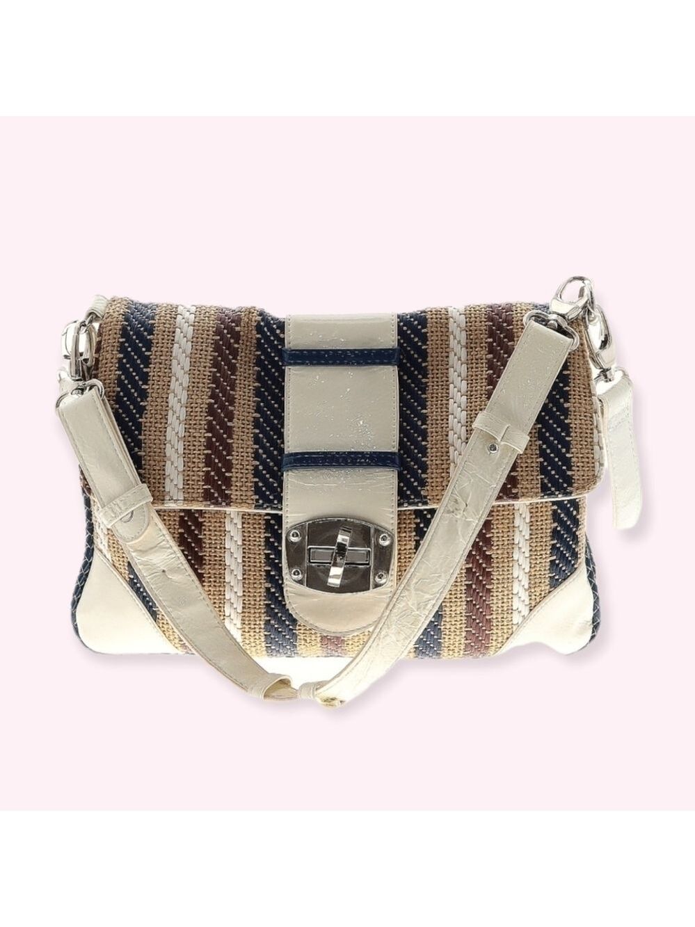 70s Canvas & Leather Turn Lock Satchel Crossbody Handbag Striped Neutral Boho - Picture 4 of 11